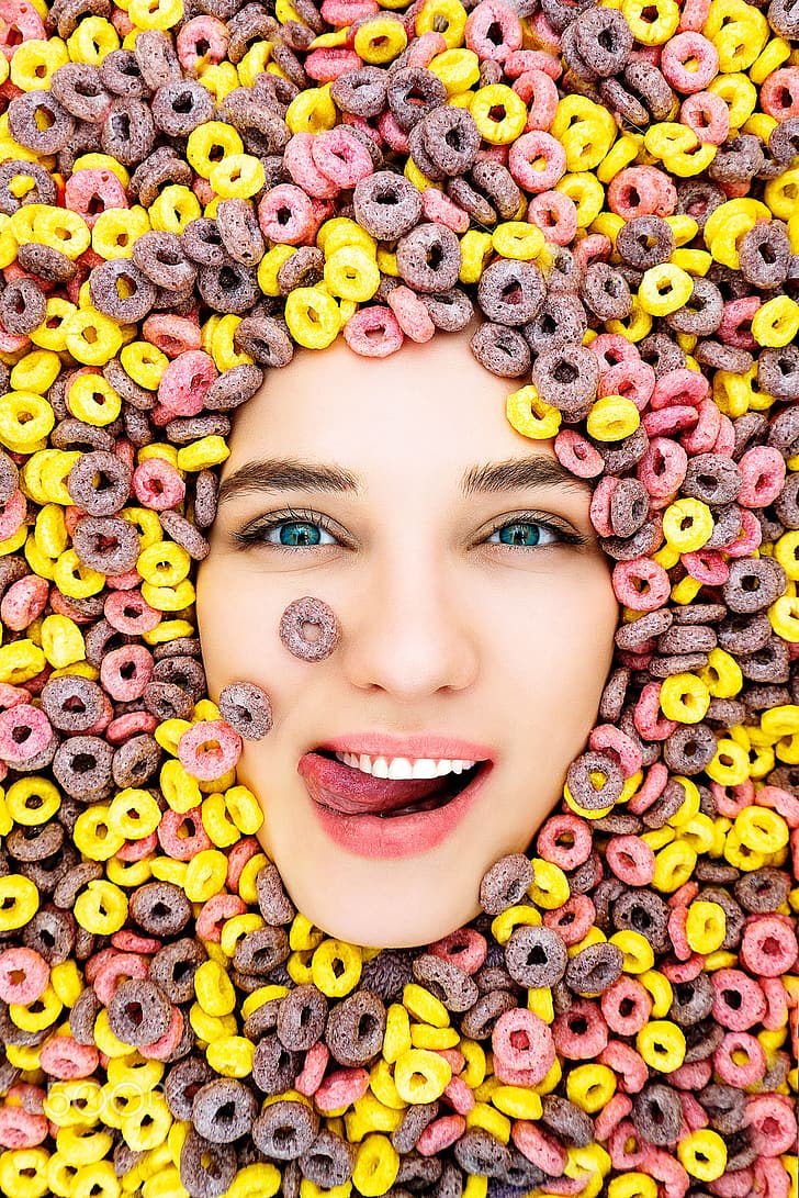 Daria Klepikova, women, food, cereal, portrait, blue eyes, tongue out