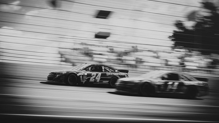 grayscale photography Jeff Gordon stock car photo, race cars