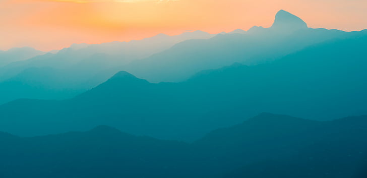 Mountain range, Sunset, Gradient, Turquoise, Teal, HD, 5K