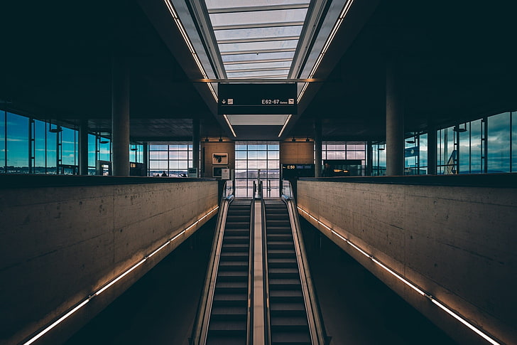 black and gray escalator, city, window, airport, transportation