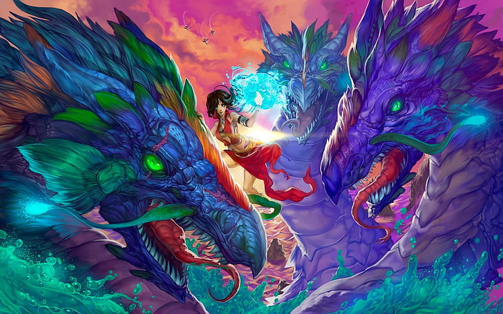 woman standing in between sea monster wallpaper, fantasy art
