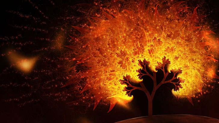 lone tree painting, abstract, trees, digital art, fire, heat - temperature