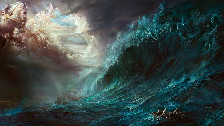 artwork, sea, Dehong He, waves, gods, battle, boat, fantasy art
