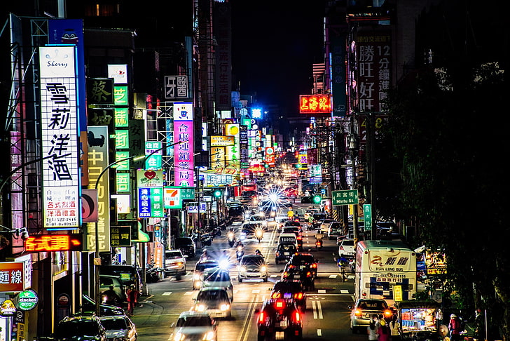 city, Asia, urban, night, street, traffic, illuminated, architecture, HD wallpaper