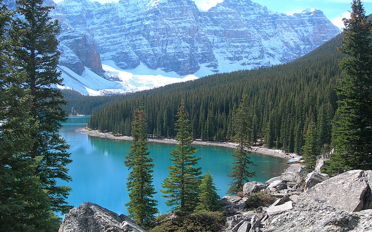 body of water, landscape, nature, trees, mountains, Canada, Banff National Park