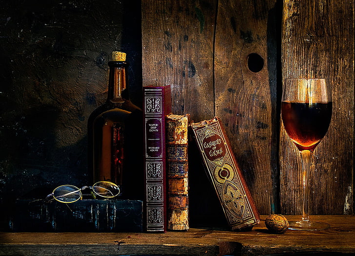three assorted books and wine glass, old, glasses, wood - material, HD wallpaper