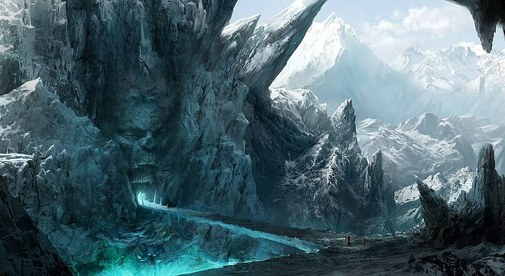 mountains, skull, cave, ice, bridge, magic, fantasy art, HD wallpaper