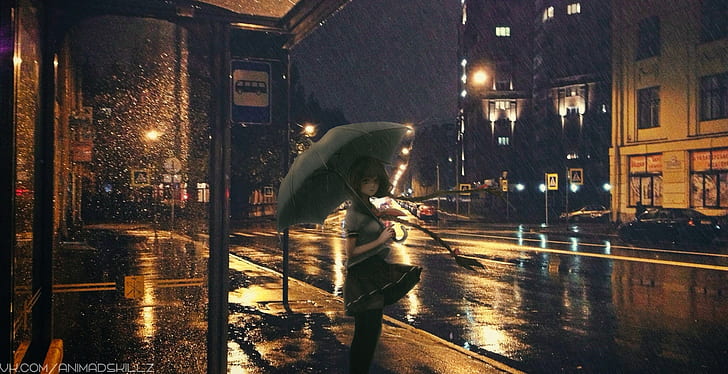umbrella, night, rain, anime girls, HD wallpaper