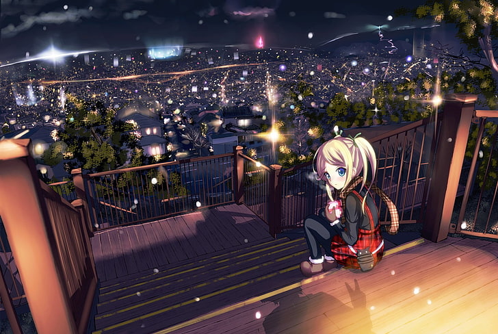 yellow haired female anime character illustration, cityscape