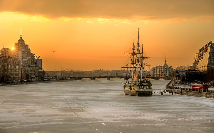 St. Petersburg, Russia, morning, city, river, boat, house, HD wallpaper