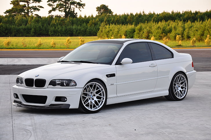 white BMW E46 coupe, road, asphalt, bitonic coating, car, land Vehicle