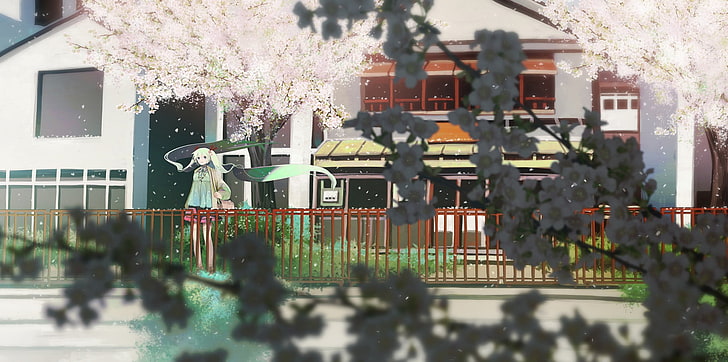 pink cherry blossoms illustration, trees, long hair, leaves, Hatsune Miku, HD wallpaper