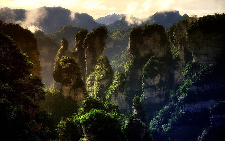 rock mountain, nature, landscape, mountains, forest, sunset, mist, HD wallpaper