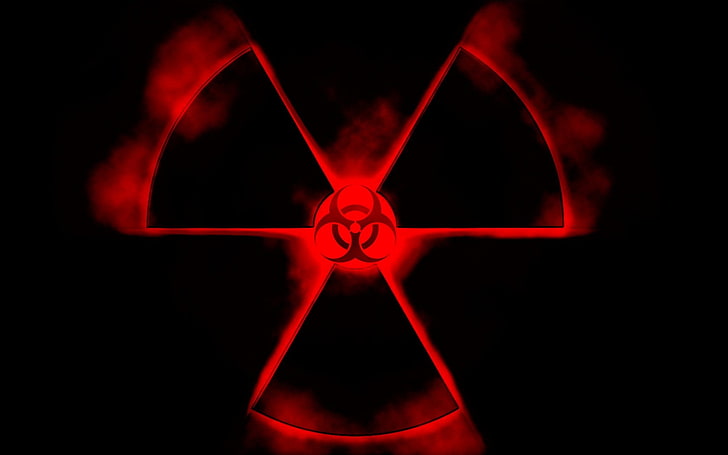 biohazard, radiation, red, black background, studio shot, motion