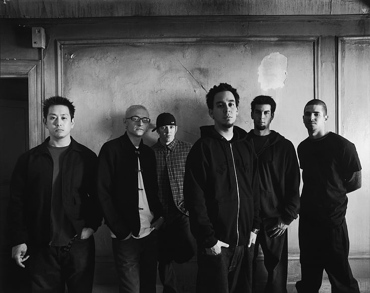 Linkin Park Poster, gray Linkin Park photo, Black and White, group of people