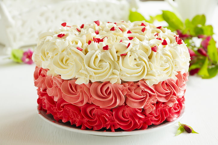 white and red covered-icing cake, the sweetness, cream, leaves, HD wallpaper