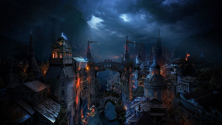 grey castle illustration, fantasy art, cityscape, night, Mostar