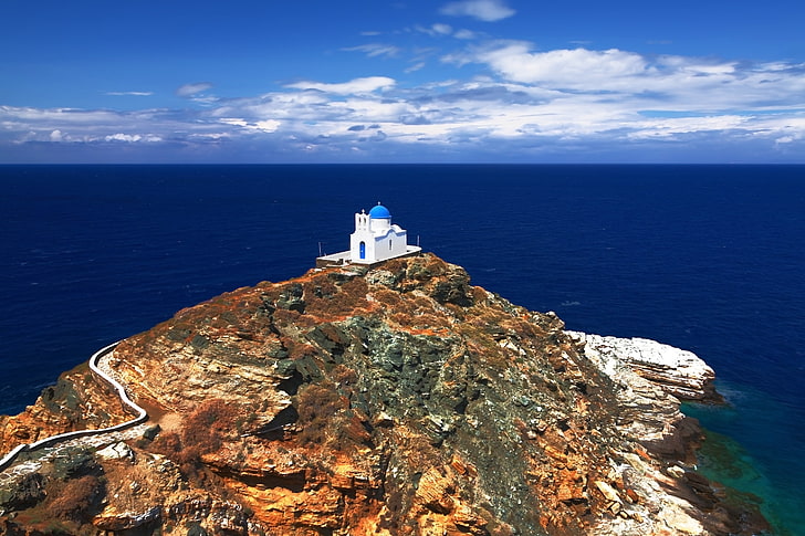 Santorini, Greece, sea, Church, the island of Sifnos, water, rock, HD wallpaper