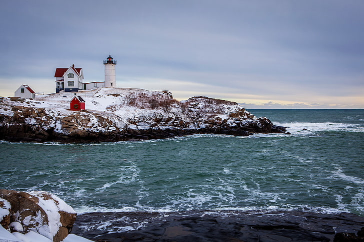 white lighthouse, nature, landscape, sea, Iceland, rock, waves