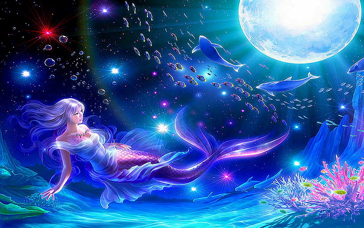 mermaid digital wallpaper, Fantasy, Colorful, Fish, Kagaya, Moon, HD wallpaper
