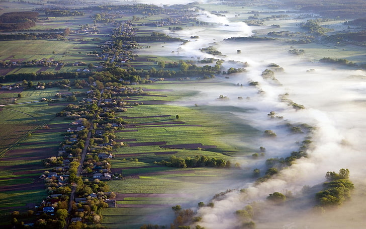 green grass field, nature, landscape, aerial view, mist, villages, HD wallpaper