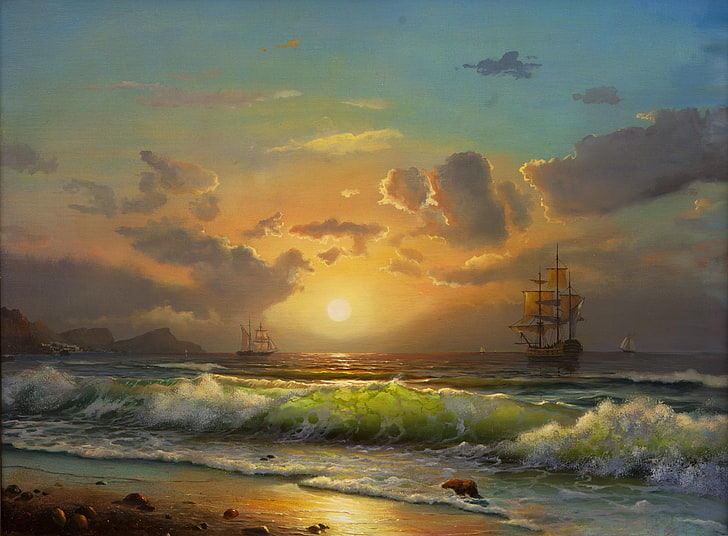 two galleon at sea wallpaper, ship, painting, waves, Sun, clouds