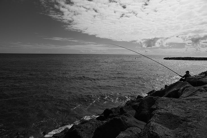 Azores, fisherman, monochrome, sea, HD wallpaper