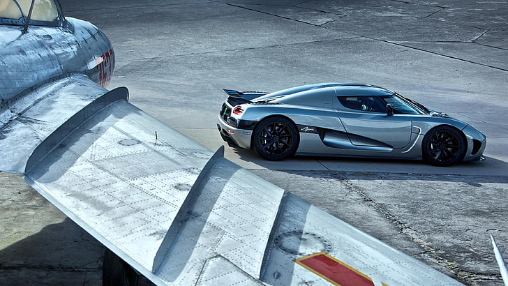 sports car, runway, Agera R, supercar, aircraft, 4K, Koenigsegg, HD wallpaper