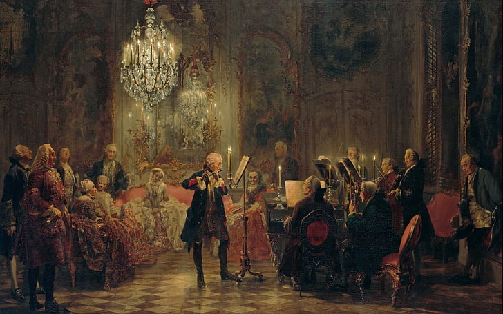 painting artwork prussia concerts king oil painting classic art chandeliers musicians flute piano candles, HD wallpaper