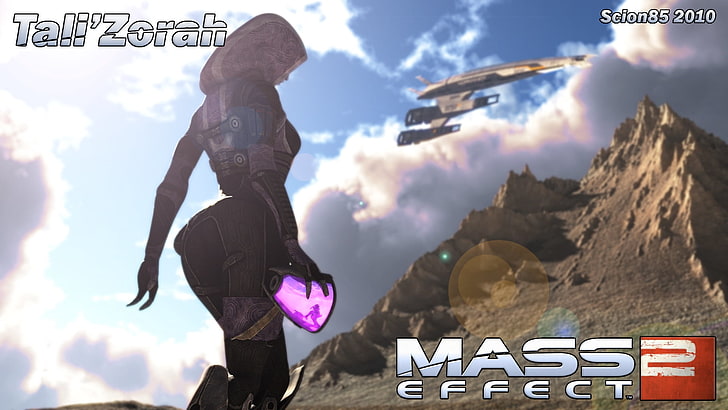 Mass Effect 2 poster, tali zorah, normandy, ship, hood, mountain