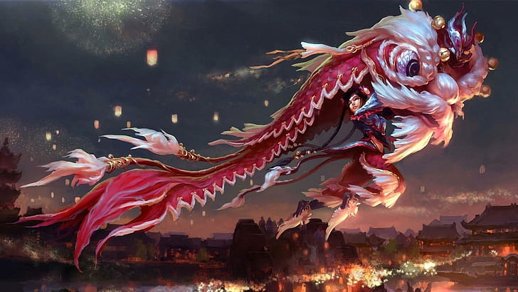 Dragon festival, human inside red dragon illustration, fantasy, HD wallpaper