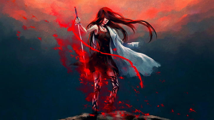 NanFe, artwork, sword, long hair, windy