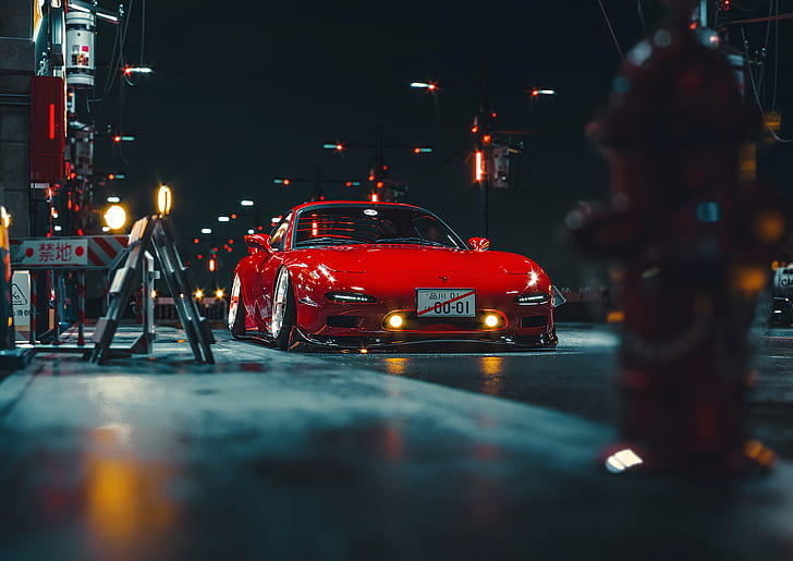 HD wallpaper: Mazda RX-7, car, night, vehicle, red cars ...