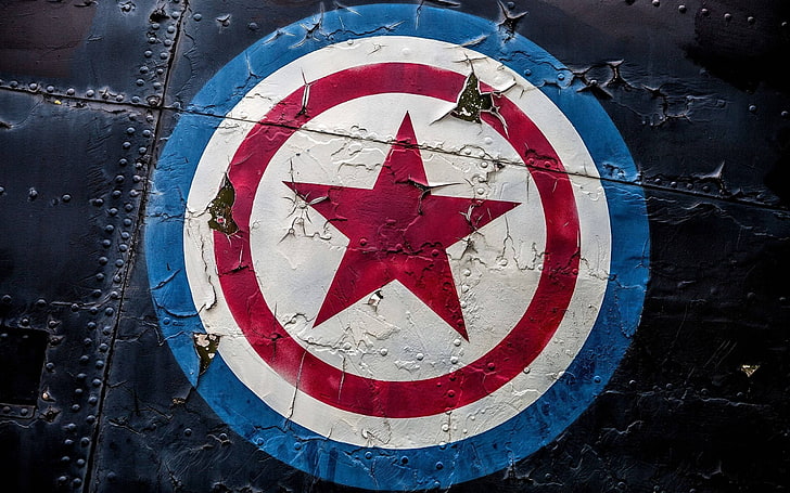 Captain America shield wall painting, metal, symbols, stars, Marvel Cinematic Universe, HD wallpaper