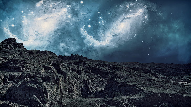 gray cliff, galaxy, stars, sky, beauty in nature, scenics - nature, HD wallpaper