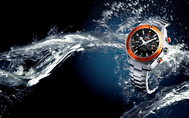 Omega Seamaster Watch, silver link orange frame chronograph watch, HD wallpaper