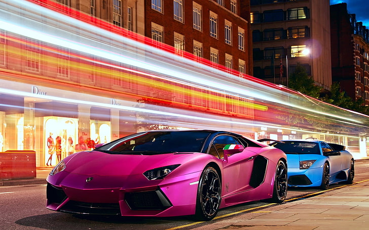 red 5-door hatchback, car, Lamborghini, pink, motion blur, Lamborghini Aventador