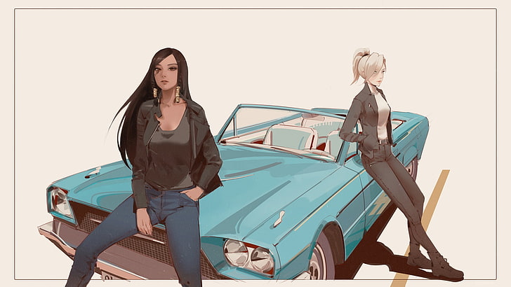 two female anime character leaning on convertible coupe illustration
