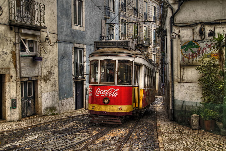 building, tram, track, Portugal, Coca-Cola, Lisbon, city, HD wallpaper