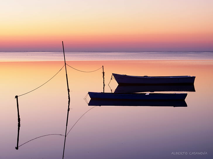 silhouette of boat on body of water under orange sunset, sea, HD wallpaper