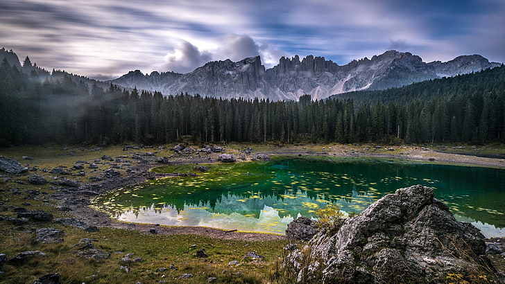 karersee, alpine lake, south tyrol, bolzano, italy, dolomites