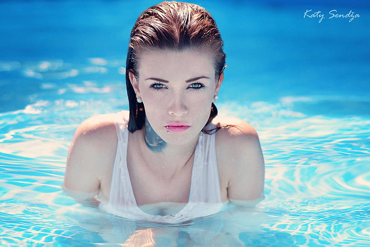 Katy Sendza, women, model, face, portrait, tattoo, swimming pool, HD wallpaper