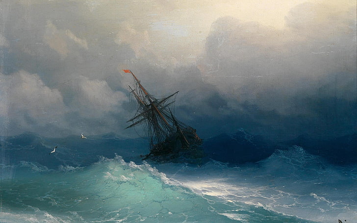 body of water painting, Ivan Aivazovsky, sea, ship, seagulls, HD wallpaper