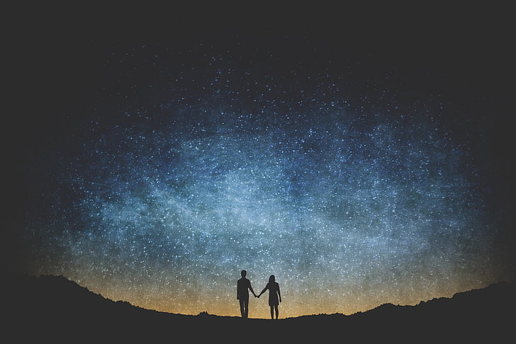 man and woman holding hands under starry sky wallpaper, stars