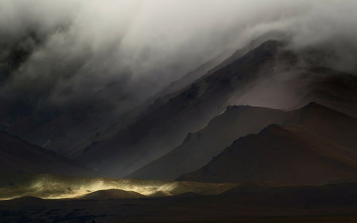 landscape, nature, mist, dark, mountains, clouds, HD wallpaper