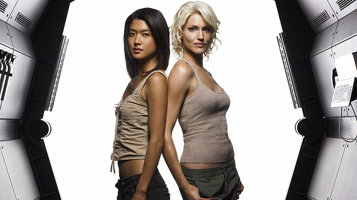 two women standing side by side in white background, Battlestar Galactica