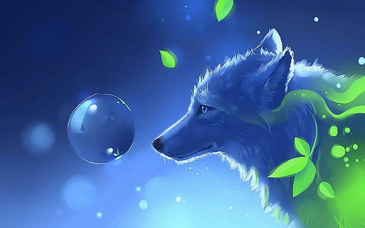 Spirit of Plants, white wolf on front of bubble illustration, HD wallpaper