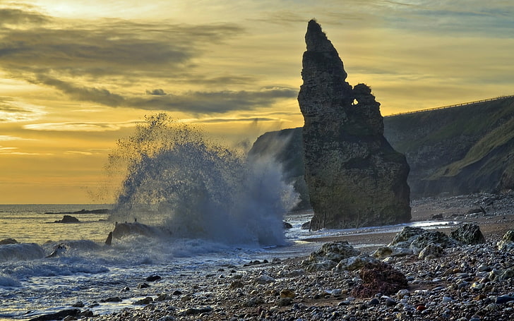 gray rock formation, landscape, waves, rocks, coast, cliff, sea, HD wallpaper