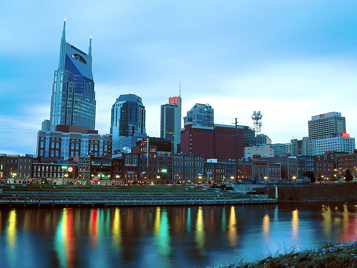 Nashville, city, cityscape, river, urban, street light, building exterior, HD wallpaper