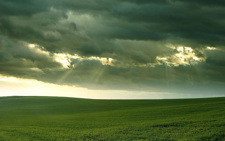 green grass, landscape, clouds, sun rays, sky, cloud - sky, beauty in nature, HD wallpaper